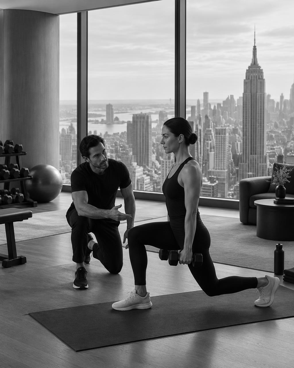 An executive training one-on-one with a coach in a private space with skyline views