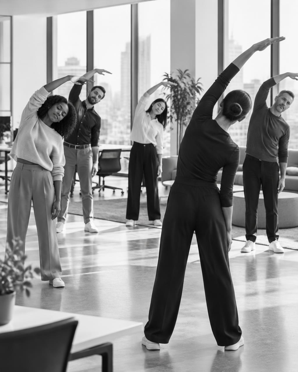 Professionals doing guided stretching in a bright modern office