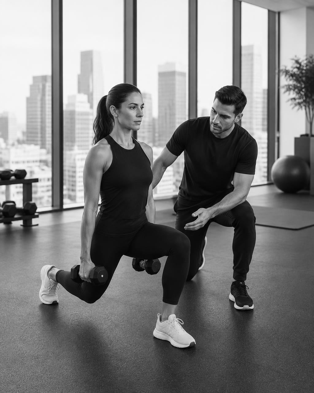A trainer coaching a professional through a strength session in a modern office gym