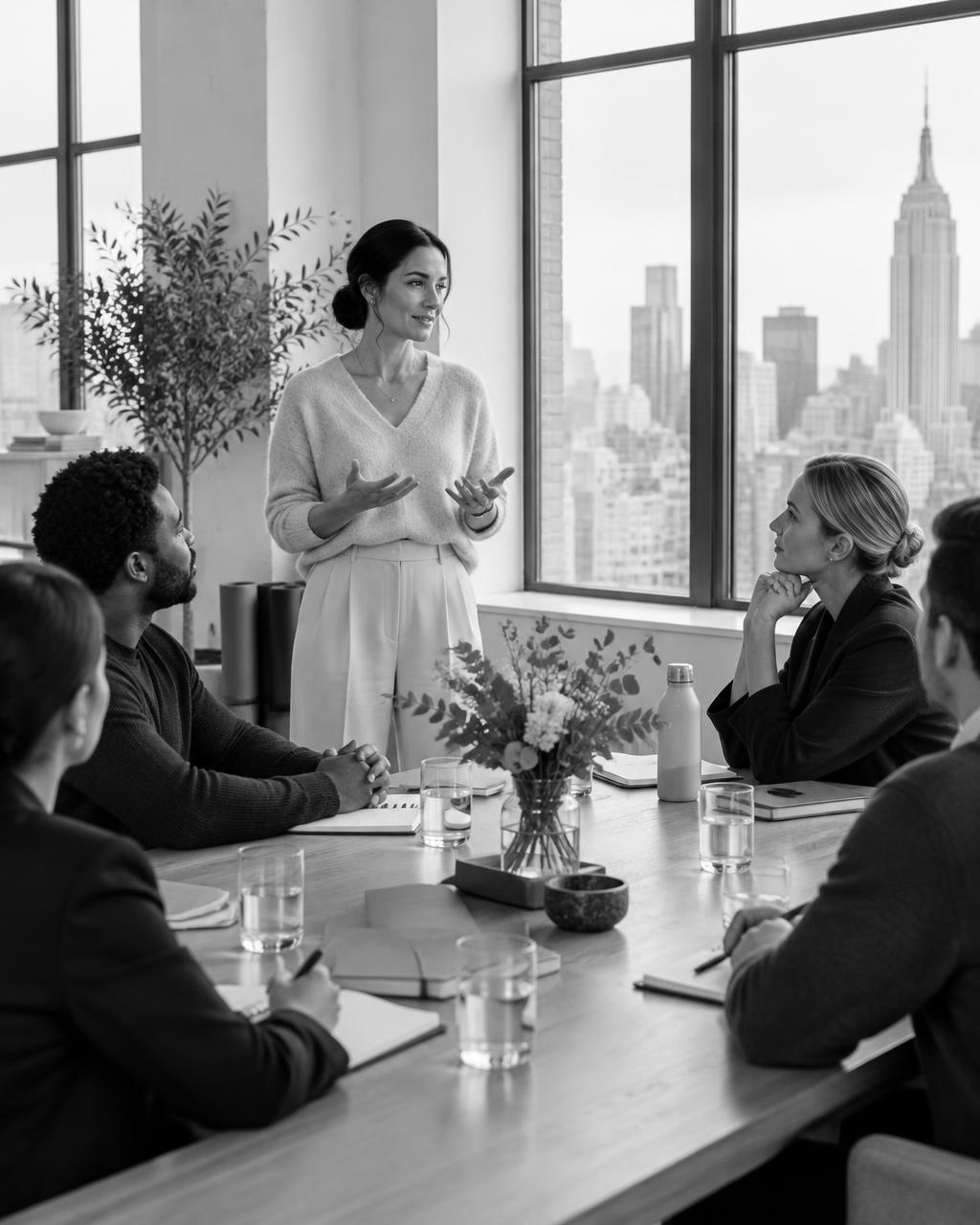 A coach leading a wellness workshop with a small group of professionals
