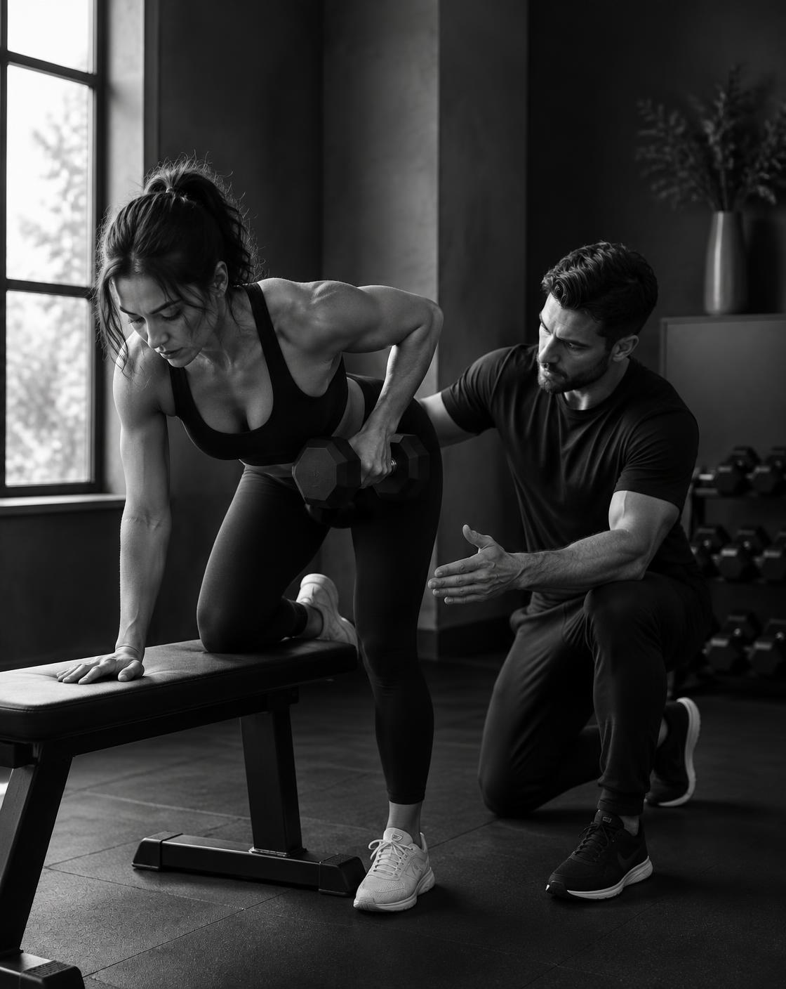A coach guiding a client through a strength exercise in a private studio